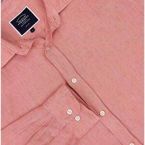 Charles Tyrwhitt Shirt Mens Large Pink Linen Slim Fit Long Sleeve Button Up